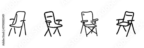 Four Camping Chairs Line Icon Set In Doodle Style. Outdoor Seating, Portable Furniture, And Leisure Activities Outline Sketch Collection. Hand Drawn Isolated Vector Illustration