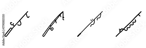 Fishing Rod Line Icon Set In Doodle Style. Angling Equipment And Recreational Fishing Gear Outline Sketch Collection. Hand Drawn Isolated Vector Illustration