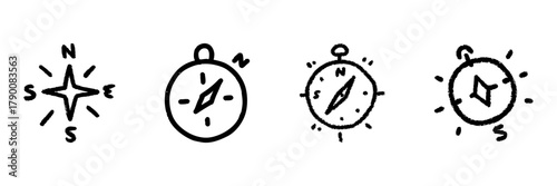 Compass Line Icon Set In Doodle Style. Navigation, Direction, And Exploration Outline Sketch Collection. Travel And Adventure Symbols. Hand Drawn Isolated Vector Illustration