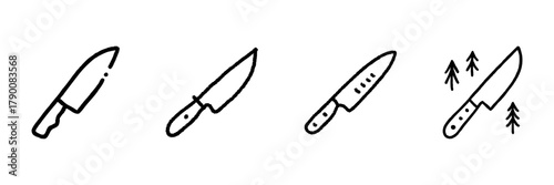 Knife Line Icon Set In Doodle Style. Culinary Tools And Outdoor Adventure Outline Sketch Collection. Kitchen Utensils And Camping Equipment. Hand Drawn Isolated Vector Illustration