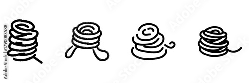 Coiled Rope Line Icon Set In Doodle Style. Nautical, Climbing, And Crafting Rope Outline Sketch Collection. Versatile Design For Outdoor And Diy Projects. Hand Drawn Isolated Vector Illustration