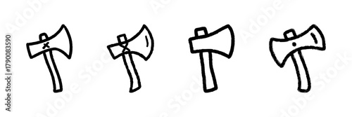 Axe Line Icon Set In Doodle Style. Woodcutting, Forestry, And Tool Symbol Outline Sketch Collection. Hand Drawn Isolated Vector Illustration