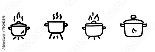 Cooking Pot With Steam And Fire Line Icon Set In Doodle Style. Culinary Preparation, Kitchenware, And Cooking Process Outline Sketch Collection. Hand Drawn Isolated Vector Illustration