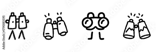 Binoculars Line Icon Set In Doodle Style. Exploration, Adventure, And Observation Tools Outline Sketch Collection. Hand Drawn Isolated Vector Illustration