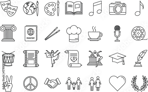 Culture, education, art, communication, icon set, black and white, vector, silhouette, peace, tradition, creativity, global, social, heritage, music, theater, travel, values, unity, lifestyle