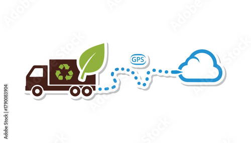 A brown recycling truck with a green leaf symbol is connected via GPS dots to a blue cloud icon, representing data transfer.