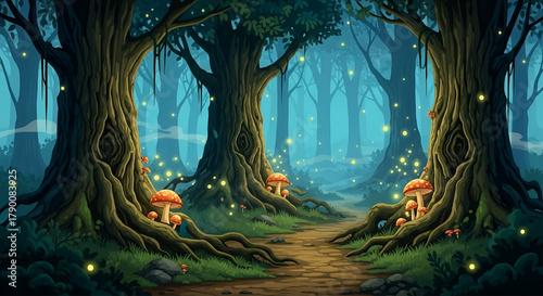Enchanted Forest Vector Background with Glowing Mushrooms, Misty Path, and Magical Fantasy Landscape
