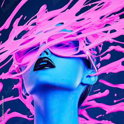 Woman bathed in vibrant pink paint, a modern art splash against a deep blue dream