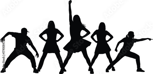 Illustration of silhouette of a group of people dancing and having fun vector illustration of dance team performance