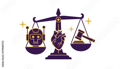 Illustration of scales balancing a robot head, a human heart, and a gavel, symbolizing the balance of technology, humanity, and justice.