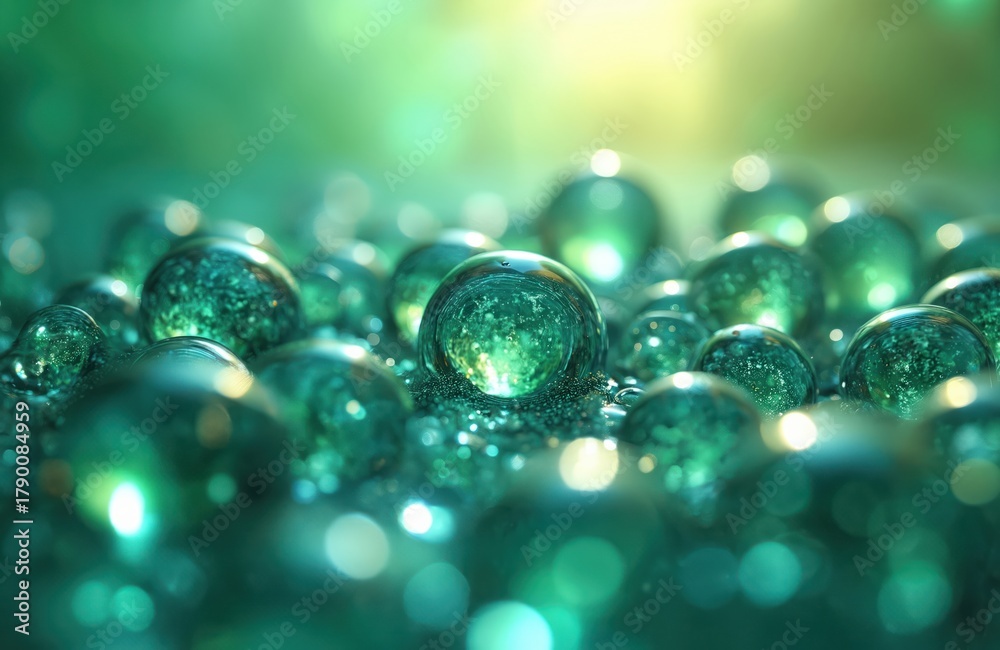 Naklejka premium Close-up view of green liquid bubbles with internal particles. Bubbles resemble H2 molecules in water, suggesting clean energy fuel cell concepts. Image conveys eco friendliness, scientific