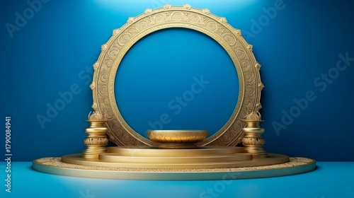 Golden stage with ornate frame against a blue backdrop provides an elegant platform for display and presentation