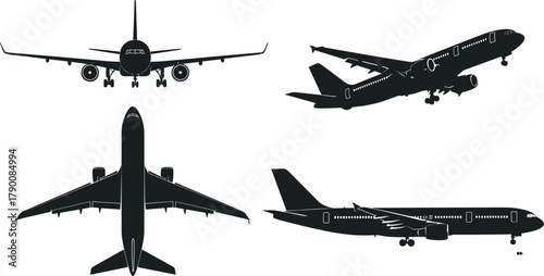 Illustration of airplane silhouette collection featuring front, side, and top views of a passenger jet aircraft