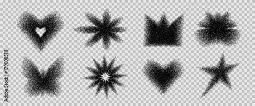 Black grainy noise gradient figures. Grain gradation hearts, sparks dot airbrush spray shapes. Blinks and crown dotworks y2k forms