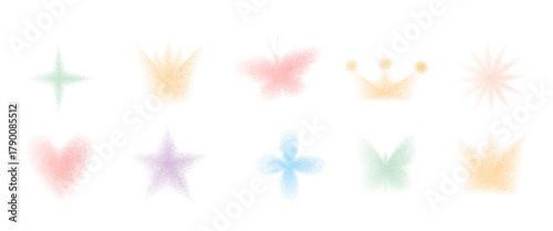 Heart and flowers icons with grain noise gradient. Retro multicolors stippling forms set.