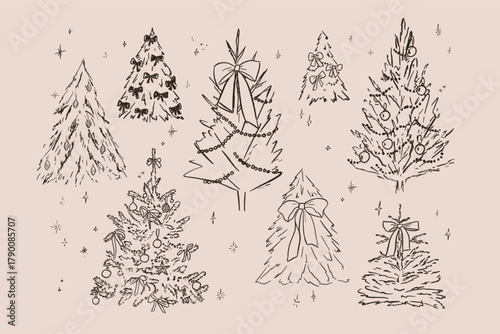 Hand drawn sketch elegant delicate fir winter Christmas trees with bow
