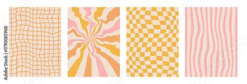 Groovy rainbow lines, checkerboard graphic backgrounds set. Wavy swirl starburst and strips vintage colors covers collection. Vector retro beige wiggle decoration ornament.