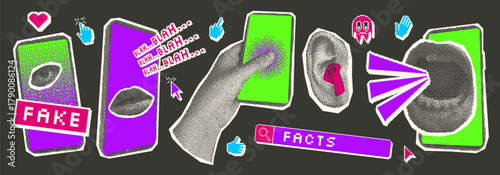 Fake news halftone and pixel art elements set. Hand, eye, mouth with phones and 8 bits faces. Collage with 8 bits pixel and cutouts. Vector stickers on dark background.