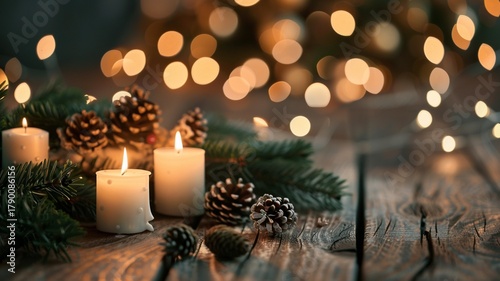 Lit candles with pinecones and greenery on a rustic table, warm bokeh lights in the background create a festive holiday ambiance.