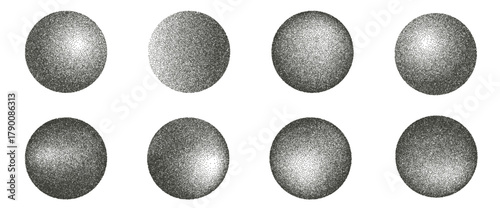 Grain noise round forms set. Grunge dotwork gradient circles. Black geometric shapes of dots texture. Vector halftone illustration on white background.
