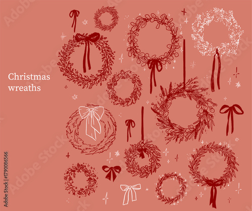 Hand drawn sketch elegant delicate line art Christmas wreaths bows