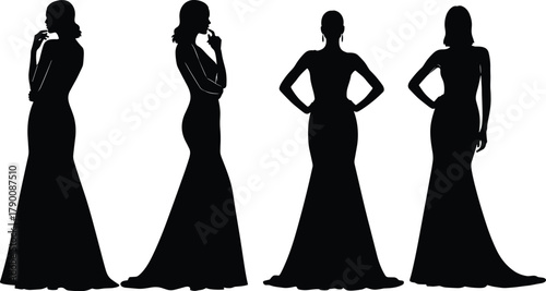 Illustration of silhouettes of elegant women in long dresses, showcasing grace and style in various poses