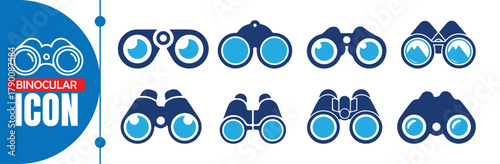 Blue Binocular Icon Set for Exploration and Vision Concept. Vector Illustration