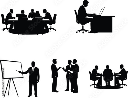 Illustration of silhouette of business people in different situations, meeting, presentation, discussion, and working