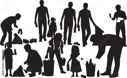 International volunteer day diverse people silhouettes cleaning up environment together celebration