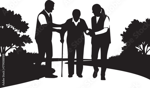 International volunteer day people helping elderly person walk with trees and path silhouette