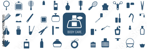 Body care icons collection, beauty and cosmetology symbols, makeup and cosmetics signs, skincare, haircare, wellness, spa, facial care vector illustration