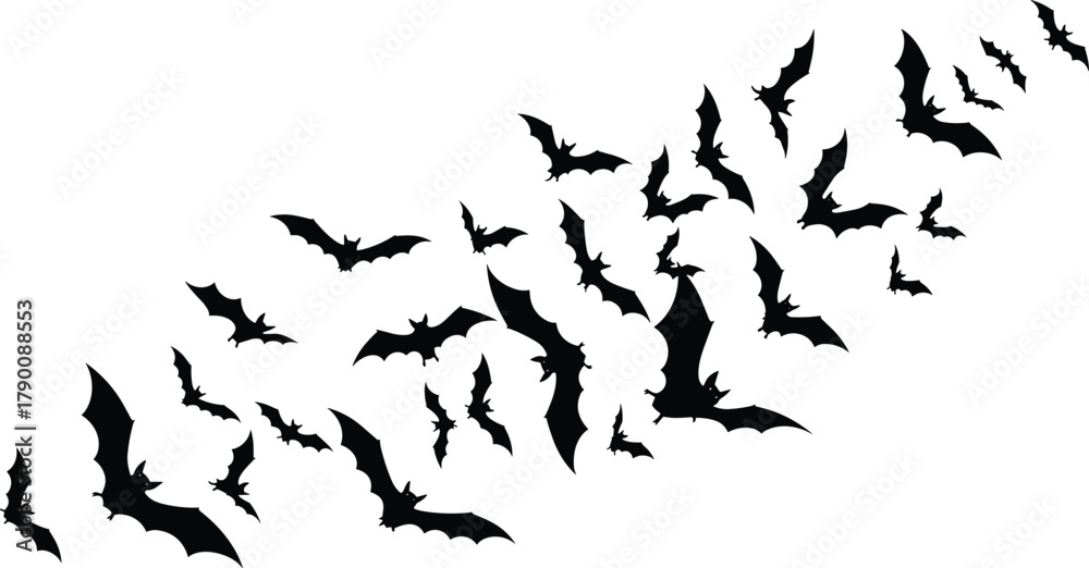 Naklejka premium Illustration of a swarm of bats flying in the night sky, halloween concept, vector illustration, silhouette art