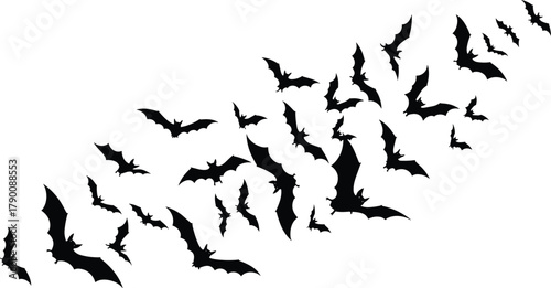 Illustration of a swarm of bats flying in the night sky, halloween concept, vector illustration, silhouette art
