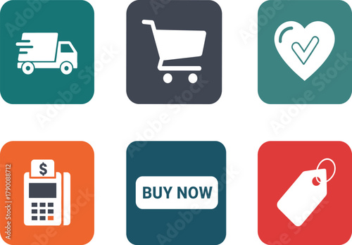 E-commerce icon set, shopping buttons, buy now, cart, delivery, payment, wishlist, price tag, vector pack, retail UI, app