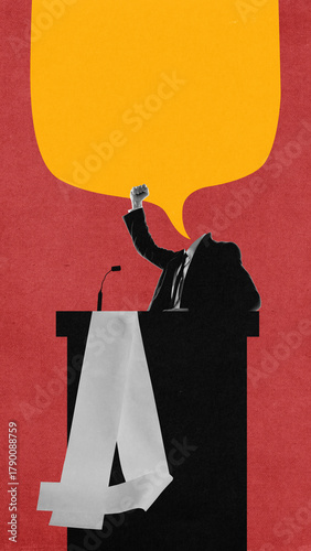 Konstfotografi Conceptual collage of politician behind podium with raised fist and large empty speech bubble