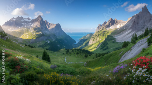 Fototapeta Naklejka Na Ścianę i Meble -  Majestic Mountain Landscape Panorama - Snow-capped Peaks, Wildflower Meadow, Emerald Valley, and Sapphire Sea - 12K Ultra-Photorealistic Nature Photo for Travel Websites, Wall Art, and Environmental