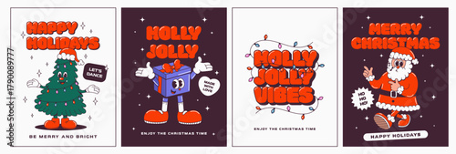 Christmas groovy cartoon characters posters.  Holiday gifts, santa, christmas tree. Holiday seasonal vector postcards in retro groovy style.