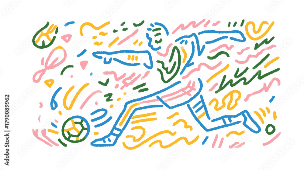 Naklejka premium Colorful abstract doodle soccer player illustration symbolizing creativity, energy, and movement in sports