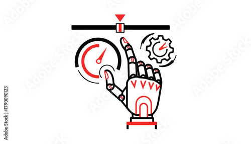 Robotic hand interacts with a slider, gauge, and gear icon, representing automation and control.