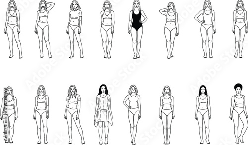 Illustration of diverse body types line art, celebrating the beauty of all shapes and sizes in a minimalist style