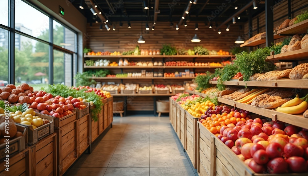 Fototapeta premium Inside grocery store, rows of wooden crates display fresh produce like apples, oranges, bananas. Shelves above hold bread, baked goods. Shop interior features rustic wood paneling, modern lighting,