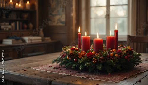 Advent Candle Centerpiece with Red Candles and Festive Greenery in Cozy Home