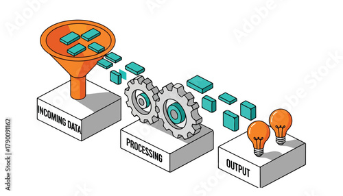 Illustration depicting data processing: incoming data flows through a funnel, is processed by gears, and results in output represented by lightbulbs.