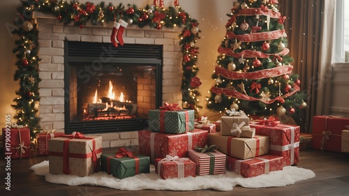 Cozy Christmas scene with decorated tree fireplace and presents ready to open