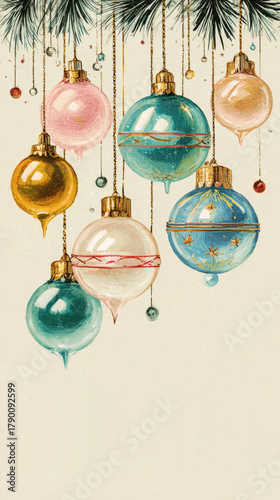 Colorful glass ornaments dangle from green pine branches, showcasing a retro style reminiscent of the 50s and 60s Christmas celebrations. The vibrant colors evoke warm seasonal feelings
