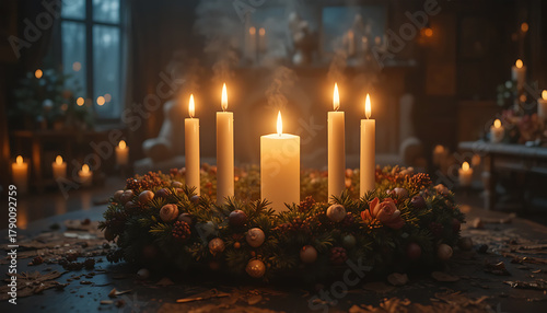 Elegant Advent Candle Arrangement with Five Lit Candles and Festive Decorations in Cozy Room