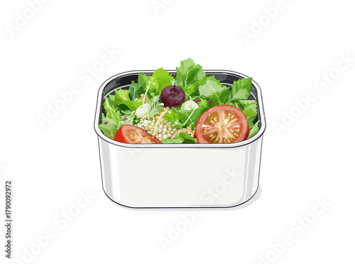 Vibrant fresh green salad with mixed vegetables, olives, and wholesome ingredients in a modern metal container, depicting a healthy and balanced meal concept