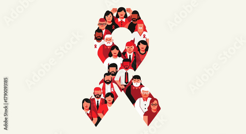 Show solidarity with a diverse community forming a red ribbon. Perfect for AIDS awareness, health campaigns, and messages of hope and support. Inspire action and raise awareness.