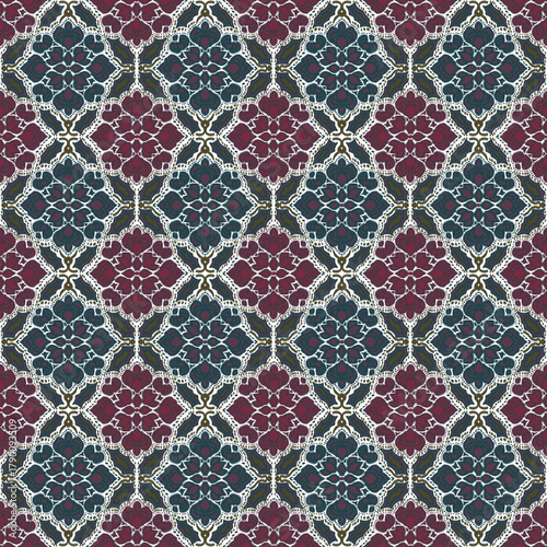 U. Blue flower Ikat pattern on red base