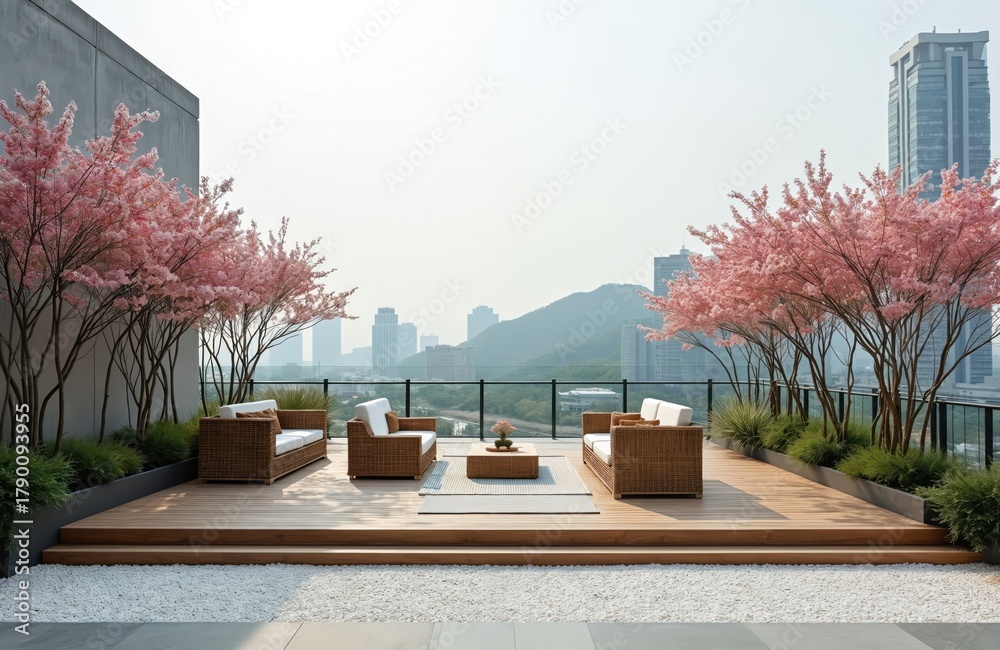 Obraz premium Rooftop patio with wicker furniture, flowering trees overlooks city skyline. Tranquil outdoor space offers modern urban oasis for relaxation with plants, stylish seating arrangements. Enjoy serene